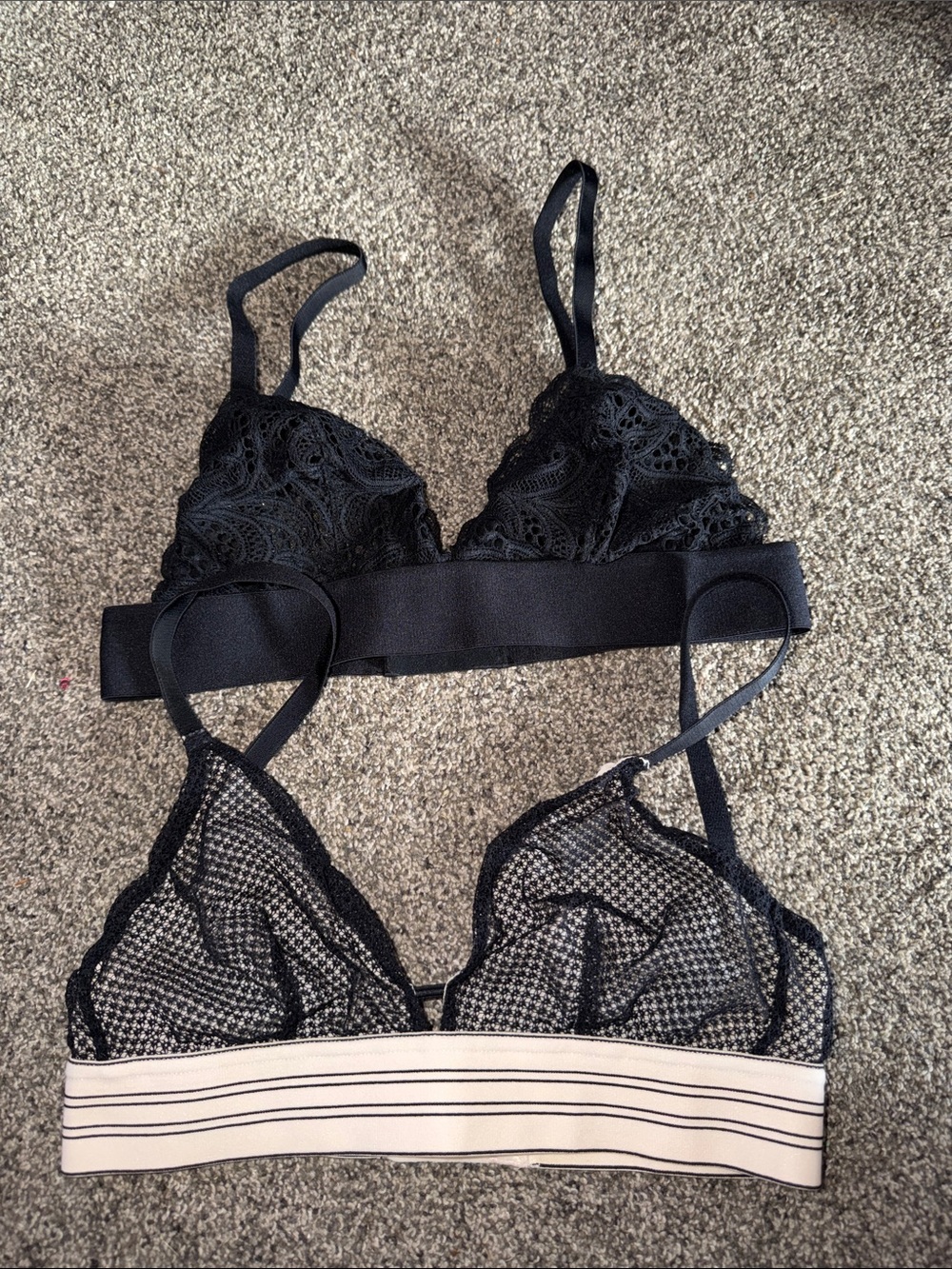 Black Lace & Mesh Bralette Duo with Cream Contrast Band